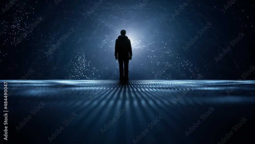 Poster silhouette of a man standing in futuristic digital metaverse cyberspace universe network seamless lo