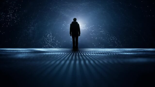 Silhouette of a man standing in futuristic digital metaverse cyberspace universe network seamless loop animation background.