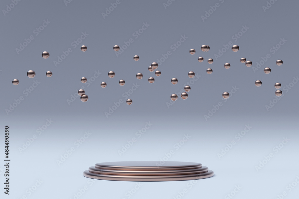 Poster minimal white background with empty round podium, copy space and golden bubbles. geometric shapes. 3