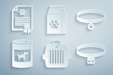Set Pet carry case, Cat collar, Canned food for dog, Dog, Bag of pet and Certificate cat icon. Vector