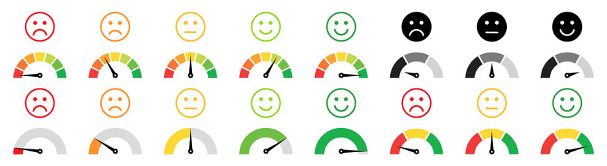 Scale meter level, barometer mood icons. Vector dial gauges, speedometers with emotions and emoji smile faces. Infographic, indicator of pain, stress, negative to satisfaction, positive, happy. Score - obrazy, fototapety, plakaty