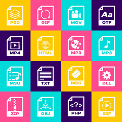 Set GIF file document, DLL, MP3, MOV, HTML and MP4 icon. Vector