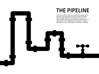 Vector plumbing pipeline for water, gas and oil. Pipe system with valves technology icon. Yellow construction infographic of heating, sewer for supply, business,refinery,factory,sewerage illustration