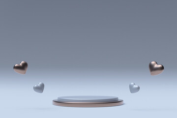 3D St Valentines Day round golden white podium display pedestal with flying hearts. Love romantic minimal background. Blank stand for showing product.