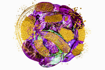 PURPLE. Abstract. Vivid painting. Golden abstraction of brush strokes. Adding gold drops, sprays, luxury brushes, gold elements. Modern abstract artwork. Masterpiece of designing art. 