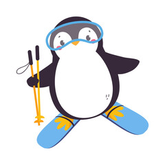 Cute Penguin with Red Cheeks Wearing Goggles Skiing Vector Illustration