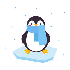 Cute Penguin with Red Cheeks Wearing Scarf Standing on Ice Plate Vector Illustration