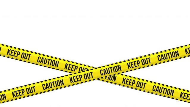Police Tape.  Yellow tape with caution message. Tape unreeling and tearing animation. Transparent alpha background.