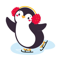 Cute Penguin with Red Cheeks Wearing Earmuffs Ice Skating Vector Illustration