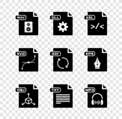 Set WAV file document, DLL, XSL, OBJ, TXT, MP3, SVG and GIF icon. Vector