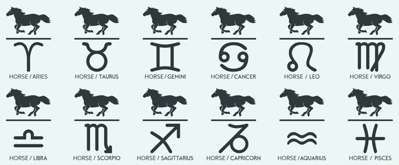 Vector Year of the horse Animal icons eastern annual horoscope and zodiac signs in one symbol 2026 2038 2050 2062 years