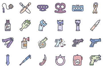 Self defence weapon color vector doodle simple icon set