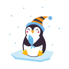 Cute Penguin with Red Cheeks Wearing Hat Sitting on Ice Plate with Fish Vector Illustration