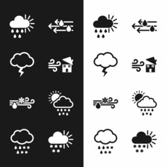 Obraz premium Set Tornado swirl, Storm, Cloudy with rain and sun, Wind, snow, snow, rain,, and icon. Vector