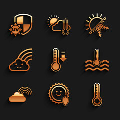 Obraz premium Set Meteorology thermometer, UV protection, Water, Rainbow with cloud, Sun and snowflake and icon. Vector