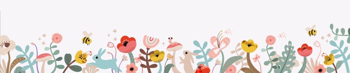 Fairy floral spring horizontal banner. Bee, flowers, plants, cute rabbits and bunnies in pastel colors. Modern minimalist poster, greeting card, header for website