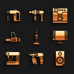 Set Vacuum cleaner, Nail gun, Stereo speaker, Smart Tv, Sewing machine and Chainsaw icon. Vector