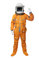 Astronaut wearing an orange spacesuit and helmet waives hand in hello gesture isolated over white background. Astronaut gesturing Hi greeting