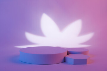 Pink and blue background combination with a white leaf shape behind for product commercial.