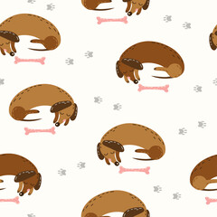 Seamless pattern with cute sleeping dachshund and bone