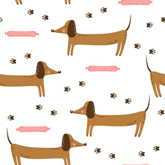 Seamless pattern with cute long dachshund and sausagef