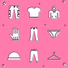 Set Cargo pants, T-shirt, Hoodie, Leather glove, Pants, Men underpants, Beanie hat and Sport icon. Vector