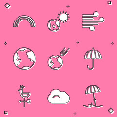 Set Rainbow, Earth globe and sun, Wind, Comet falling down fast, Umbrella, Rooster weather vane and Cloud icon. Vector