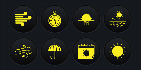 Set Wind, Drought, Umbrella, Calendar and sun, Sunset, Compass, and icon. Vector