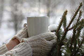 Obraz na płótnie Canvas white mug is held by hands in knitted woolen mittens next to branches of spruce against the backdrop of dawn. morning warm drink