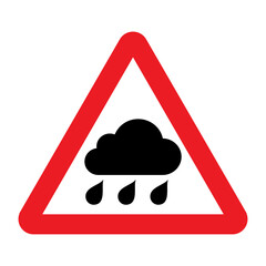 Rain warning sign. Vector illustration of red triangle sign with rain cloud icon inside. Caution wet and slippery road. Risk of heavy rain and crash accident. Skid symbol.