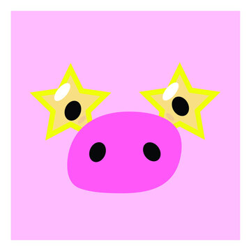 The muzzle of a pig in star glasses. Flat style funny stylized piggy. Character for postcard, valentine, cover, sticker, animation.