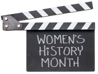 Women History Month, white chalk handwriting on clapboard, contributions of women to events in...