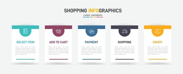 Concept of shopping process with 5 successive steps. Five colorful graphic elements. Timeline design for brochure, presentation, web site. Infographic design layout.