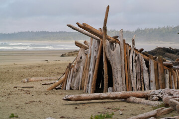 A Driftwood Shelter Built on the Beach in Tofino © Mark van Dam