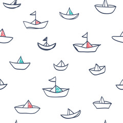 Seamless pattern in the concept of children's drawings. Seamless pattern with ships,sun, clouds, sea and waves.