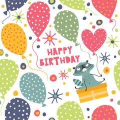 Seamless background with gift boxes and confetti. Happy Birthday.