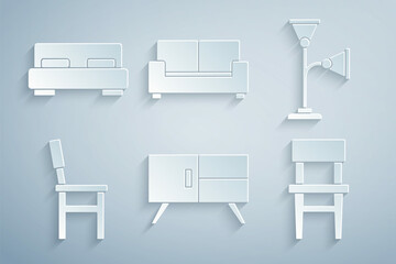 Set Chest of drawers, Floor lamp, Chair, Sofa and Big bed icon. Vector