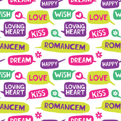 Love speech bubbles. Vector seamless pattern for web page backgrounds, postcards, greeting cards, invitations, pattern fills, surface textures.	