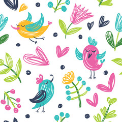 Seamless summer pattern with cute birds, flowers and clouds.