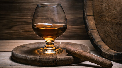 Cognac in glass next to cigar lies on wooden stand and old wooden barrel with cognac in wine cellar...