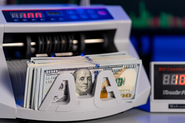Dollar cash counting machine. Financial banking electronic calculation.