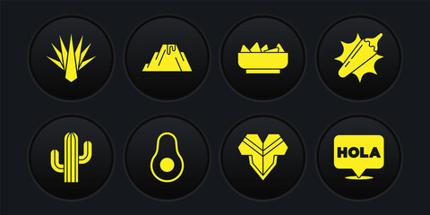 Set Cactus, Hot chili pepper pod, Avocado fruit, Poncho, Nachos in bowl, Volcano eruption with lava, Hola and Agave icon. Vector © vector_v