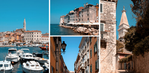 Rovinj, Istria, Croatia. Beautiful view of Rovinj with basilica tower, Rovinj collage