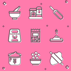 Set Mortar and pestle, Farm house, Scoop flour, Pack full of seeds of plant, Seed, Bag and Seeds in bowl icon. Vector