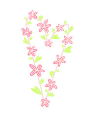 Pink green Spring Romantic Heart of small Flowers and Leaves on a white background