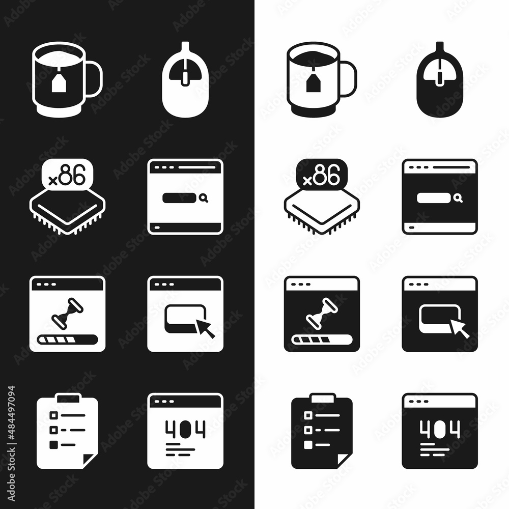 Poster set search engine, processor with microcircuits cpu, cup of tea tea bag, computer mouse, loading dat