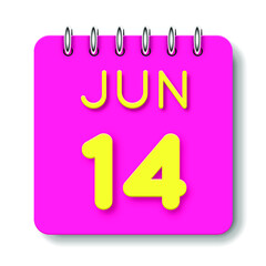 14 day of the month. June. Cute calendar daily icon. Date day week Sunday, Monday, Tuesday, Wednesday, Thursday, Friday, Saturday. Neon yellow. Pink Paper. White background.