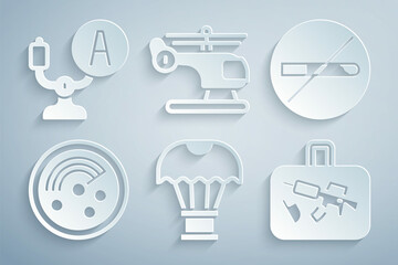 Set Box flying on parachute, No Smoking, Radar with targets monitor, Suitcase, Helicopter and Aircraft steering helm icon. Vector
