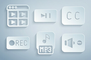 Set MP3 file, Subtitles, Record button, Speaker mute, Pause and Music playlist icon. Vector