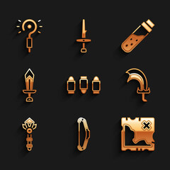 Set Bullet, Medieval bow, Pirate treasure map, Sword for game, Magic wand, Bottle with potion and icon. Vector